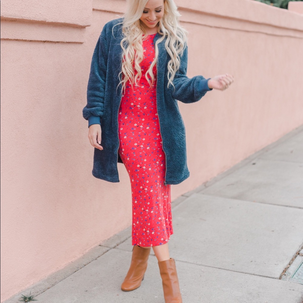 Slate Blue Fur Duster Coat